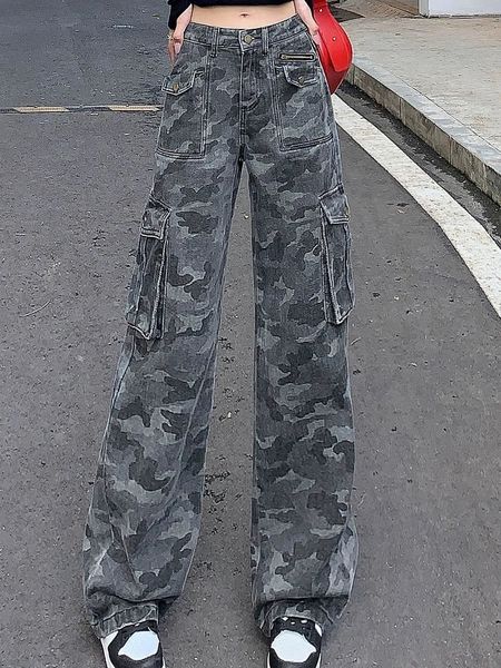 Damen Jeans American Retro Camouflage Cargo Pant Y2k High Waist Slim Design Sense Nische Loose Straight Street Fashion 231201