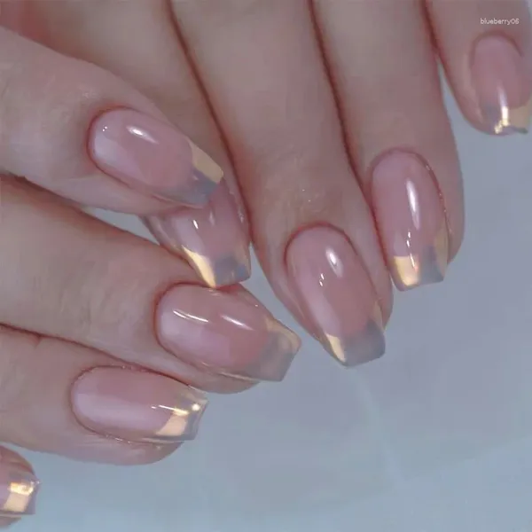 Falsche Nägel 3D Kurz Fake für Frauen Mädchen 24 Stück mit Ballettspitzen Nude Champagne Aurora French Style Press On Nail Art Set