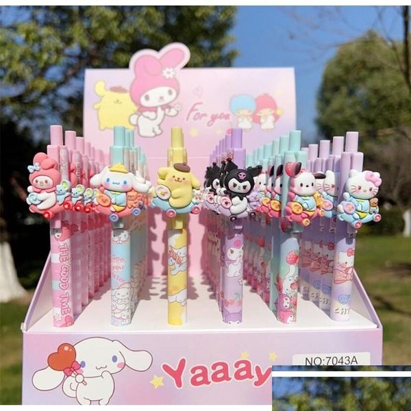 Jel Pens Toptan 48 PC/Set Cartoon sevimli melodi baskı öğrenci siyah kalem pürüzsüz yazma malzemeleri 0.38mm kırtasiye papelaria materi dho82