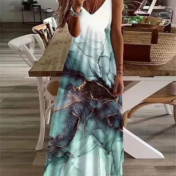 Casual Kleider frauen Sommer V-ausschnitt Sexy EINE Version Lange Roben Lose Druck Strap Maxi Vestidos De Mujer Elegantes Para fiesta 2023