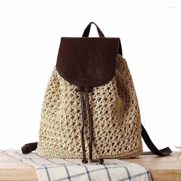 Schultaschen Lässige Strohrucksäcke für Frauen Wicker Woven Bag Teenager Mädchen Rattan Sommer Strand Große Geldbörsen Lady Back Packs 2023