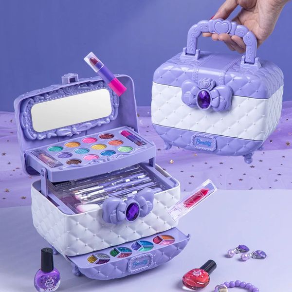 Schönheit Mode Kinder Mädchen Prinzessin Make-Up Box Hausfrau Spielzeug Nagellack Lidschatten Komplettes Set Wasser Waschen Handtasche Geschenk Spielzeug 231202