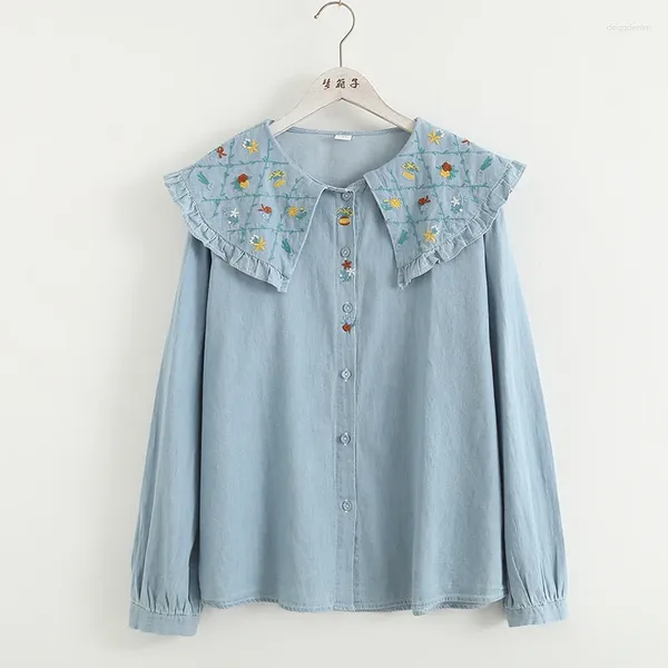 Camicette da donna Camicie ricamate a fiori Camicia in denim a maniche lunghe da donna