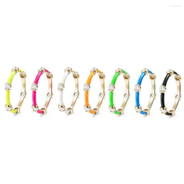 Anéis de cluster doces colorido esmalte CZ Eternity Band moda cor de ouro fino empilhamento mulheres dedo