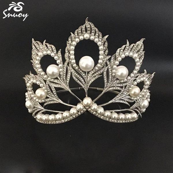 Miss universo coroas penas de pavão pérolas redondas completas tiara beleza rainha coroa grande para concurso mulheres joias acessórios de cabelo c1281k