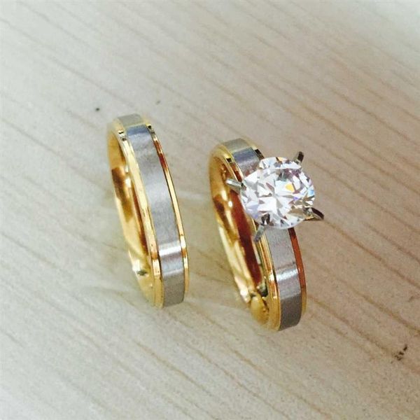 316L Titanstahl, CZ-Diamant, koreanisches Paar-Ring-Set für Männer und Frauen, Verlobungsliebhaber, Sie und Ihn, versprechen 2-Ton-Gold, Silber253F