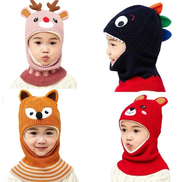 Mützen Hüte Doit Boy Girl Beanie Schützen Sie den Hals Dinosaurier Fox Bear Winddichte Winterstrickmütze Kind Mädchen Earflap Caps für 2 bis 7 Jahre alt 231202