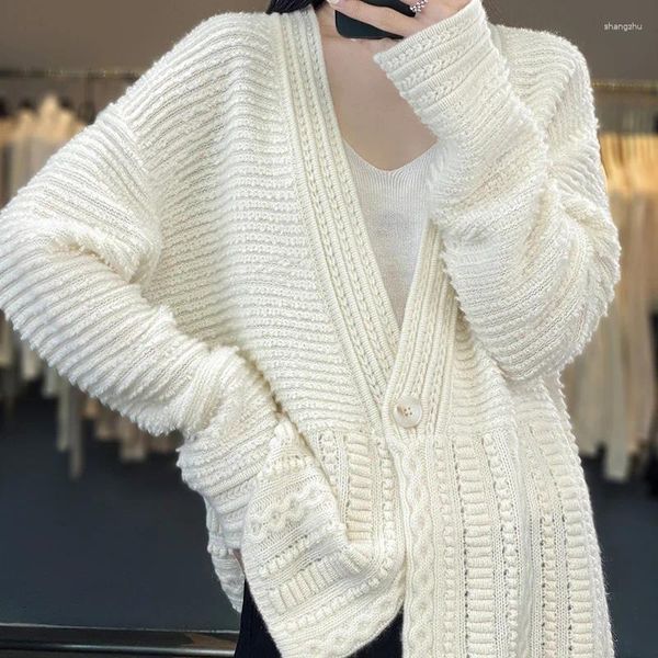 Kadın Sweaters Erken Bahar Gelişler 100 Saf Kaşmir Hardigan V yaka Jacquard One Düğme Koreli Kazak Yün Örme Üst