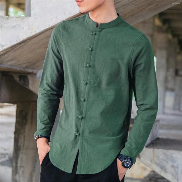 Herren-Freizeithemden, langärmelige grüne Bluse, chinesischer Knoten, Knopf, Strandpullover, einfarbig, traditionelle Camisas, Blusas, männliche T-Shirts