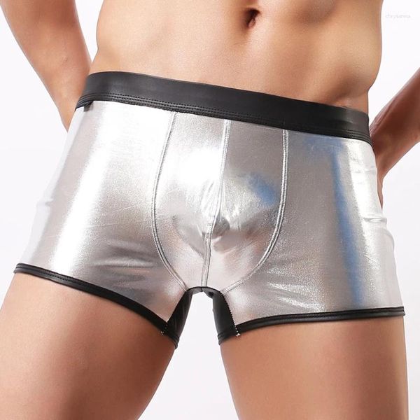 Cuecas sexy mens roupa interior boxer patente couro shinny troncos frescos shorts brilhantes boxers para o sexo masculino