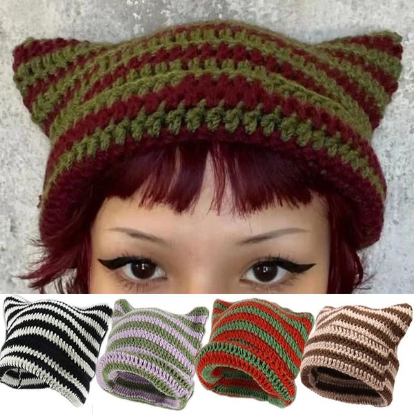 Beanieskull Caps y2k Japon Sokak Giyim Harajuku Beanie Küçük Şeytan Çizgili Örme Şapka Kadınlar Sonbahar Kış Bonnet Sevimli Kedi Kulakları 231201