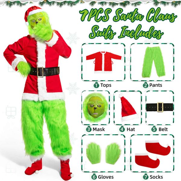 Costume di Natale Costume cosplay Babbo Natale Mostro Capelli verdi Mostro Grinch si esibisce indossando Grinch