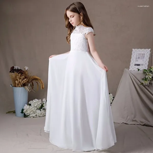 Vestidos de menina flor branco cetim padrão apliques manga curta para festa de aniversário de casamento vestidos de primeira comunhão