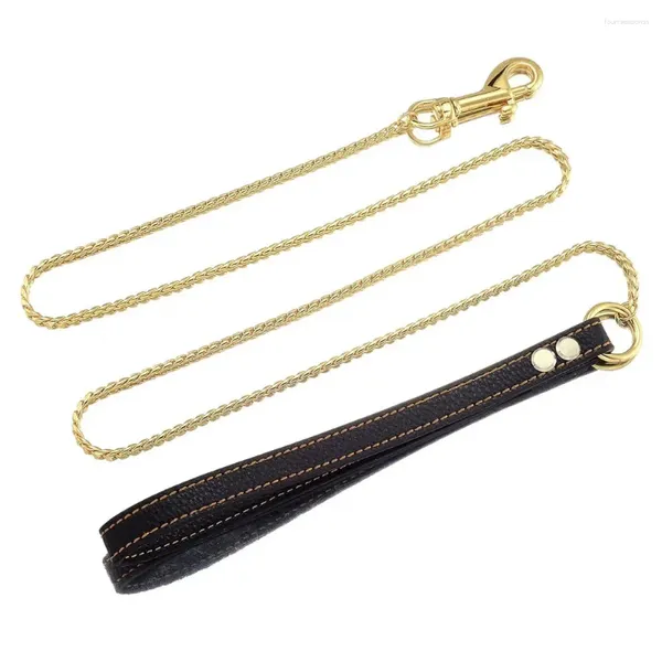 Coleiras de cachorro forte 18k ouro cobra corrente trela metal mastigar prova leve 4mm pet com alça de couro para cães médios pequenos