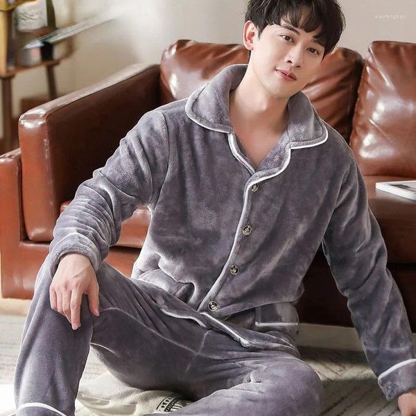 Pijamas masculinos 2023 pijamas coral veludo outono inverno engrossado flanela loungewear manga comprida conjunto de homewear de meia-idade