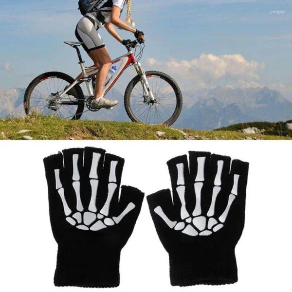 Fahrradhandschuhe für Erwachsene, einfarbig, Acryl, halber Finger, Totenkopf-Gripper-Aufdruck, Reiten, rutschfestes Handgelenk, warmer Strick