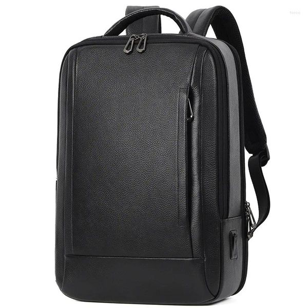 Zaino Moda Uomo in pelle bovina Carica USB Zaini da viaggio Nero Borsa da scuola per laptop da 15,6 pollici Zaino da lavoro in vera pelle da uomo