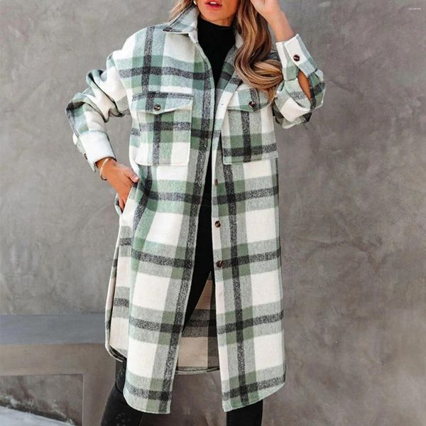 Kadın Ceketleri Klasik Düğme Aşağı Ekose Palto Kış Polar Çizgalı Kavur Snow Palto Rahat Cepleri ile CHAQUETAS