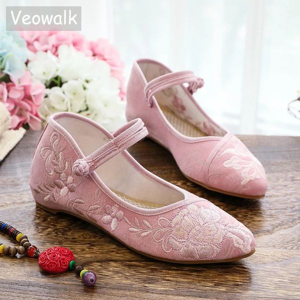 Sapatos de vestido Veowalk Soft Confortável Mulheres Jacquard Algodão Pointy Toe Mary Jane Flats Retro Estilo Chinês Senhoras Bordadas Andando 231201