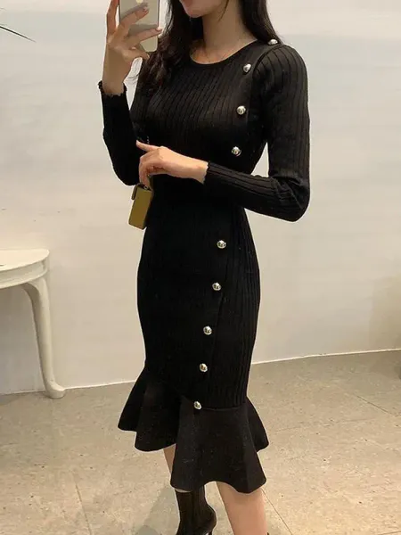 Casual Kleider Vintage Schwarz Strick Fischschwanz Wrap Frauen Langarm Elegante Taste Warme Meerjungfrau Pullover Bodycon Midi Kleid Weibliche Winter