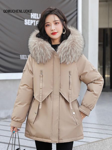 Damen-Daunenparka-Winterjacke 2023 koreanischer Stil mit langen Ärmeln, modisches Fellkragen, mittellanger Mantel, einfarbig, schmale Passform, Parka 231201