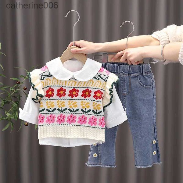 Kledingsets OLEKID 2023 Lente Herfst Meisjes 3-delige kledingset Bloem Trui Vest met lange mouwen Mode Jeans Babymeisjeskleding SetL231202