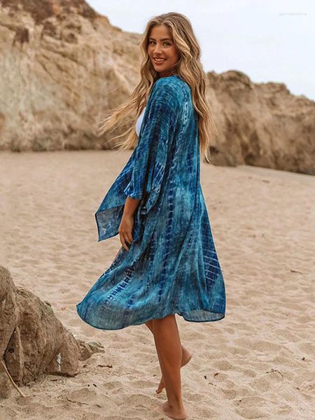 Mulheres Swimwear Flordevida Boho Sexy Bikini Cover-ups Stripe Impresso Longo Kimono Cardigan Mulheres Maiô Túnica Beach Wear Vestido Swimwears