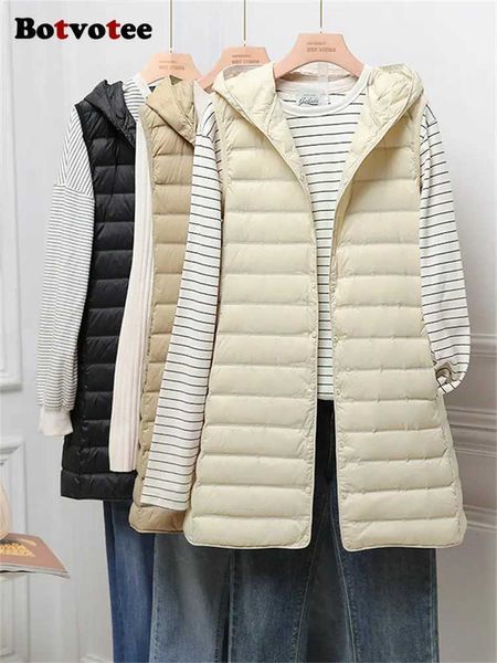 Westen Daunenjacke für Damen Herbst Winter Mode Lässiger ärmelloser Mantel Vintage Feste Kapuze Schlanke lange Parkas