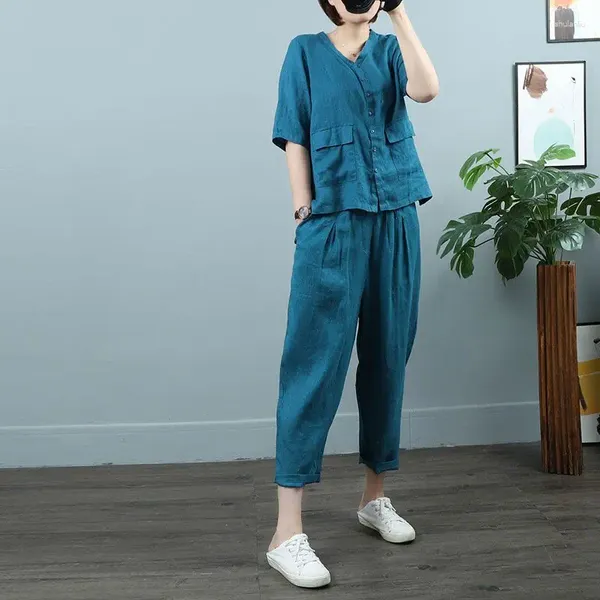 Calças femininas de duas peças mulheres verão sólido conjunto de correspondência manga curta com decote em v oversize fino t camisa perna larga calça femme casual 2 conjuntos q520