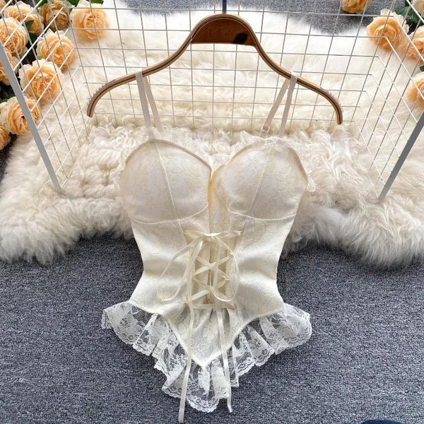 Canotte da donna Pizzo Canottiere bianche Irregolarità Eleganza Canotte Allacciatura con pettorale Corsetto sexy Tinta unita Tunica Senza maniche Crop Top