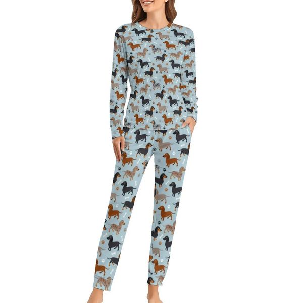 Mulheres sleepwear cão impressão pijamas feminino dachshund patas e ossos macio casa terno 2 peças noite oversize pijama conjuntos 231201