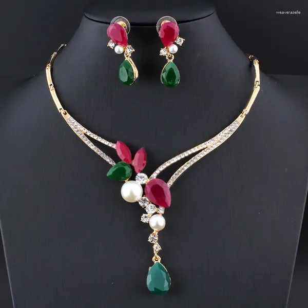 Collana Orecchini Set Jiayijiaduo India Gioielli Oro-colore Matrimonio Nuziale Regali estivi per le donne Festa Vintage Perline Africani Parure