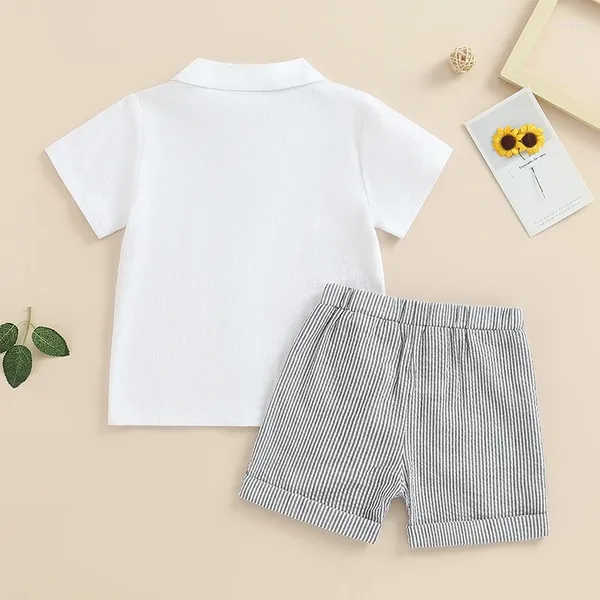 Conjuntos de roupas bebê menino verão algodão linho roupas manga curta botão para baixo camisa com cintura elástica listra impressão shorts 2pcs outfit