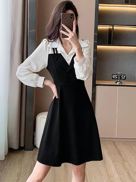 Vestidos casuais outono inverno preto retalhos branco manga longa midi vestido mulheres elegante polo colarinho camisa 2023 coreano bodycon festa