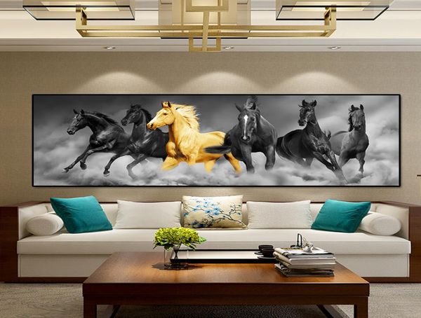 Прерия, шесть лошадей, золотые и черные животные, картина маслом на холсте, постеры и принты, настенные художественные картины Куадрос для гостиной5203547