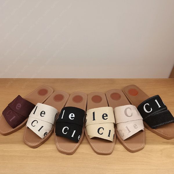 Woody-Hausschuhe, Slipper, Luxus-Sandalen, Designer-Damen-Pantoletten, flache Slides, hellbraun, beige, weiß, schwarz, rosa, Schriftzug, Stoff, Segeltuch-Hausschuhe, Strand-Hausschuhe, Flip-Flop