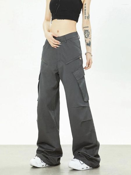 Calças femininas mulheres baggy grande bolso zip streetwear moda coreano y2k cinza jogger solto elegante carga larga casual calças largas