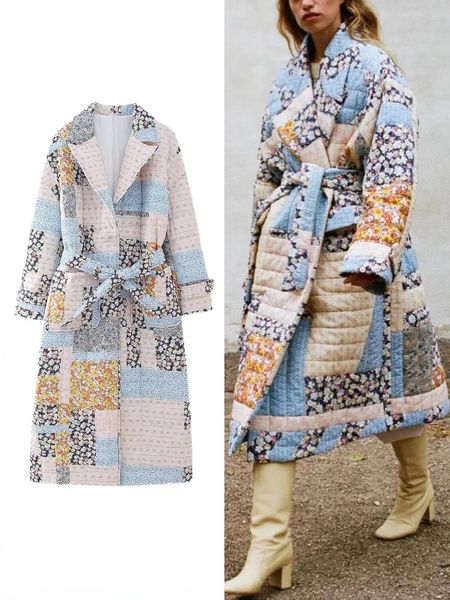 Giacche da donna ZBZA Autunno Inverno Giacca lunga trapuntata con stampa con cintura Cappotto Manica con risvolto Capispalla caldo imbottito monopetto 231202