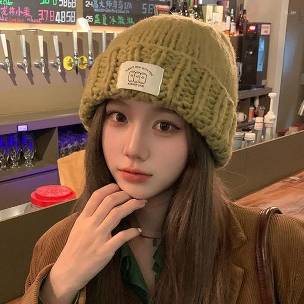 Berets coreano grosso tricô lã beanie chapéu para mulheres menina outono inverno cor sólida quente skullies boné moda esqui neve bonnet