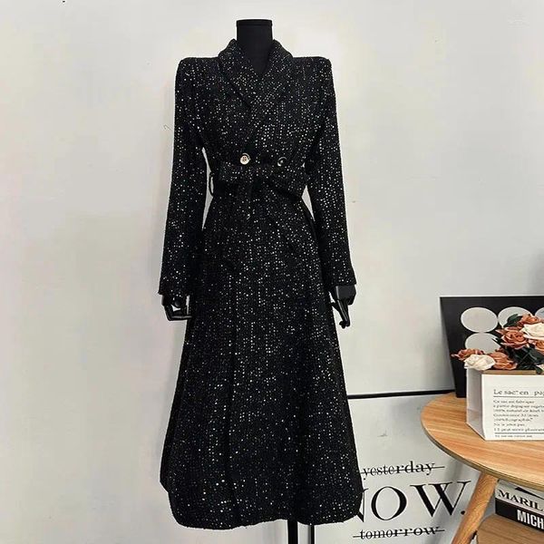 Женское шерстяное тяжелое черное пальто с вышивкой и пайетками, темпераментное женское шерстяное пальто 2023, зимнее модное пальто с лацканами, высокое качество, тонкое Y231