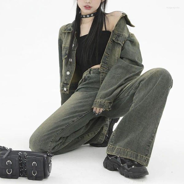 Pantalones de dos piezas para mujer Chaquetas recortadas vintage americanas Mujer Denim Diseño elegante Hip Hop Streetwear Slim Outwear Top de manga larga para mujer