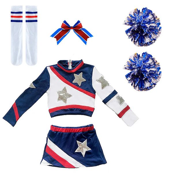 Pompon e calzini da cheerleader Ragazze cheerleader Uniforme Costume da ballo Maniche lunghe Bambini Cheerleader Outfit Scollo tondo Stile patchwork D 231201