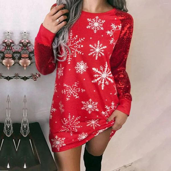 Vestidos casuais feminino outono/inverno em torno do pescoço natal floco de neve impressão manga longa bloco de cor forma vestido de verão da mulher