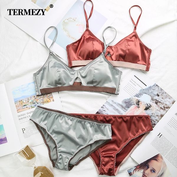 Sutiãs conjuntos termezy mulheres roupa interior fio livre sutiã de cetim fino 3/4 copos sutiã e calcinha conjunto oco lingerie sutiã bralette 231202