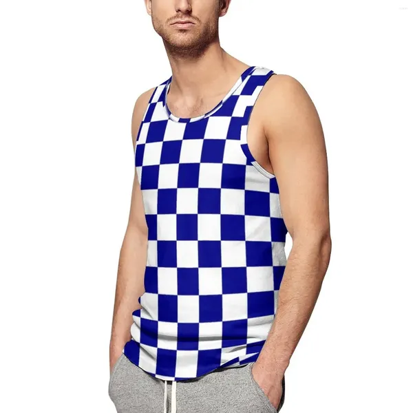 Herren -Tanktops Blau und weißer Schachbrett Top Männer Rennflagge kariert Workout Übergroße Sommer coole grafische ärmellose Westen