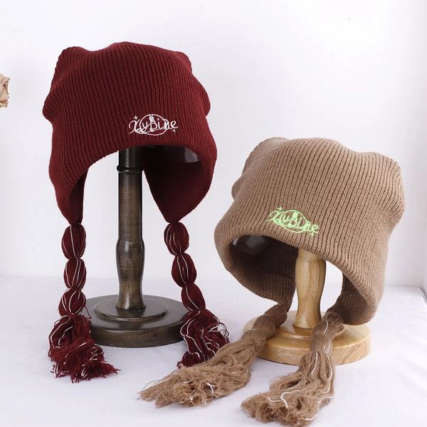 BeanieSkull Caps Chapéu de Inverno das Mulheres Dreadlocks Chapéu com Abas de Orelha Flat Caps Hip Hop Chapéus Bordados Carta Cap Algodão Mão Tecido Chapéu 231201