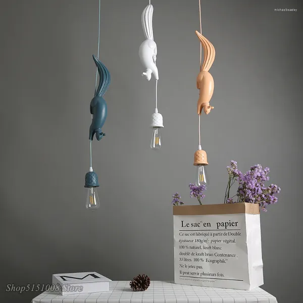 Lâmpadas pendentes nórdico resina esquilo luzes led moderno industrial quarto das crianças cozinha pendurado lâmpada loft animal luminárias decoração