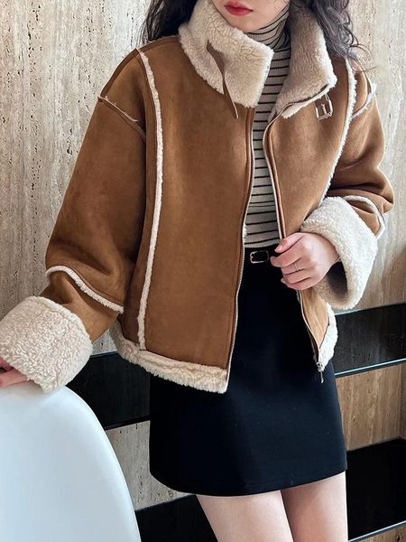 Giubbotti da donna Giacca in shearling in pile scamosciato Donna 2023 Autunno Inverno Manica lunga Lunghezza corta in pelle e pelliccia Top da moto