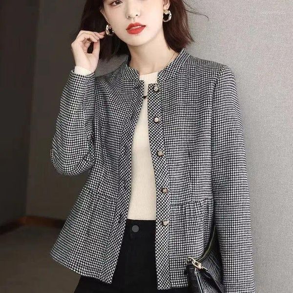 Kadın Ceketleri Yünlü Kadın Koreli Stand Basit Vintage Ceket Sonbahar Kış Düğmesi Günlük Tek Kelime Kısaltılmış Houndstant Destan Tasarım Gözleri
