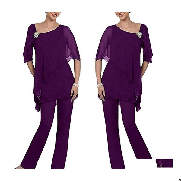 Mãe da noiva ternos mãe da noiva ternos roxo duas peças calça em camadas irregulares 1/2 mangas compridas chiffon plus size casamento dhxzl